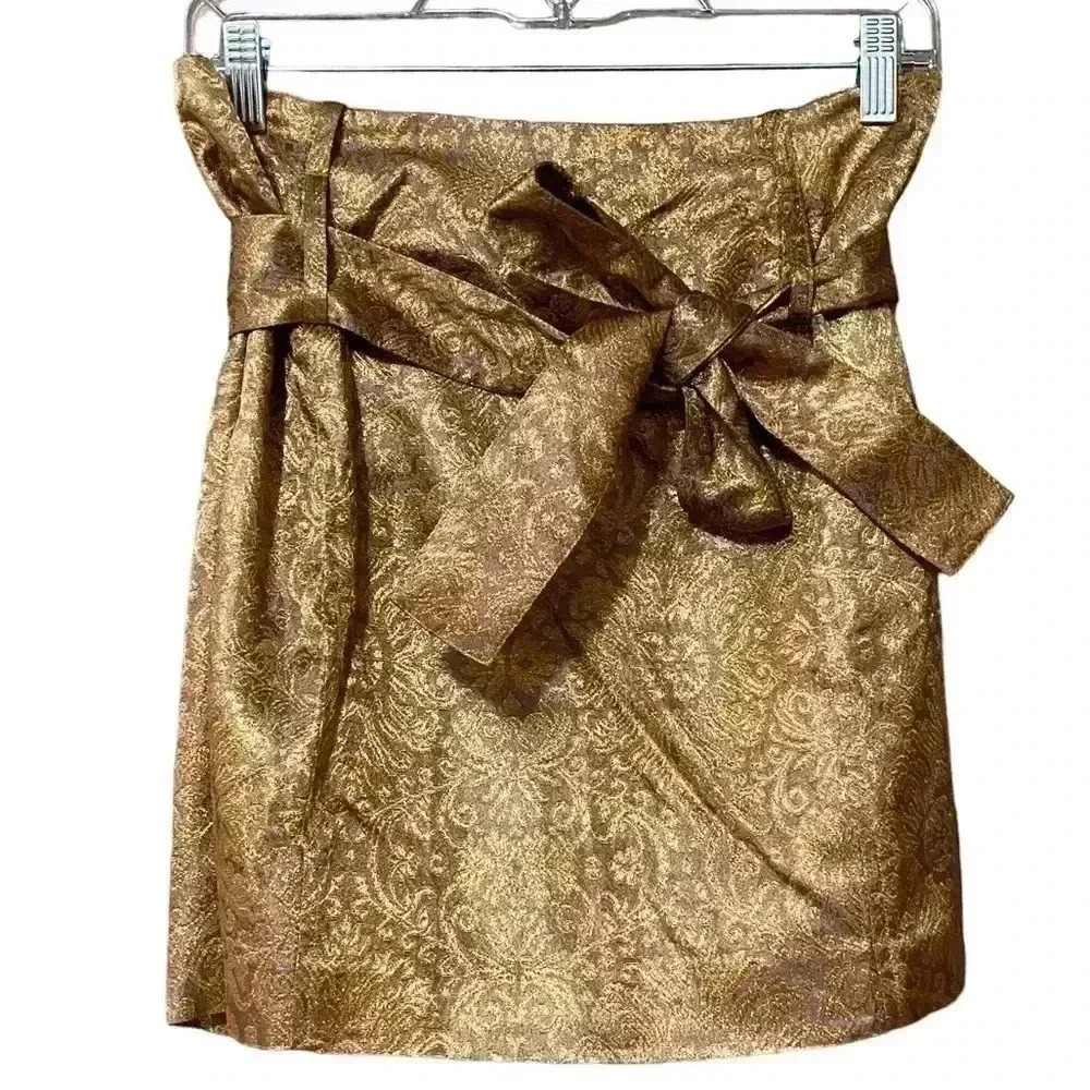 BCBGMaxAzria Women's 6 Copper Gold Metallic Tie Waist Party Mini Skirt EUC